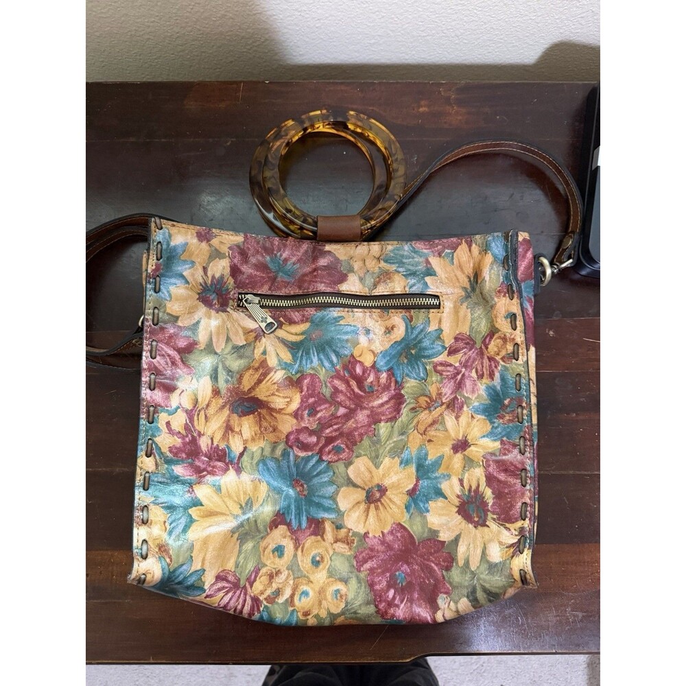 Patricia Nash Floral Leather Satchel Resin Ring Handle Crossbody Bag NWT